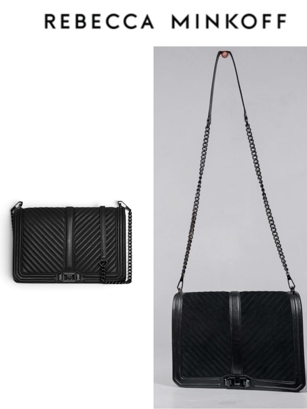 REBECCA MINKOFF JUMBO LOVE SUEDE CHEVRON BLACK LEATHER CHAIN SHOULDER BAG